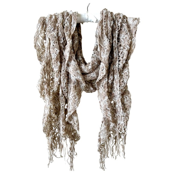 Accessories - Cream and Tan Scarf Crochet Looseweave Fringe Soft 18" wide x 80" long